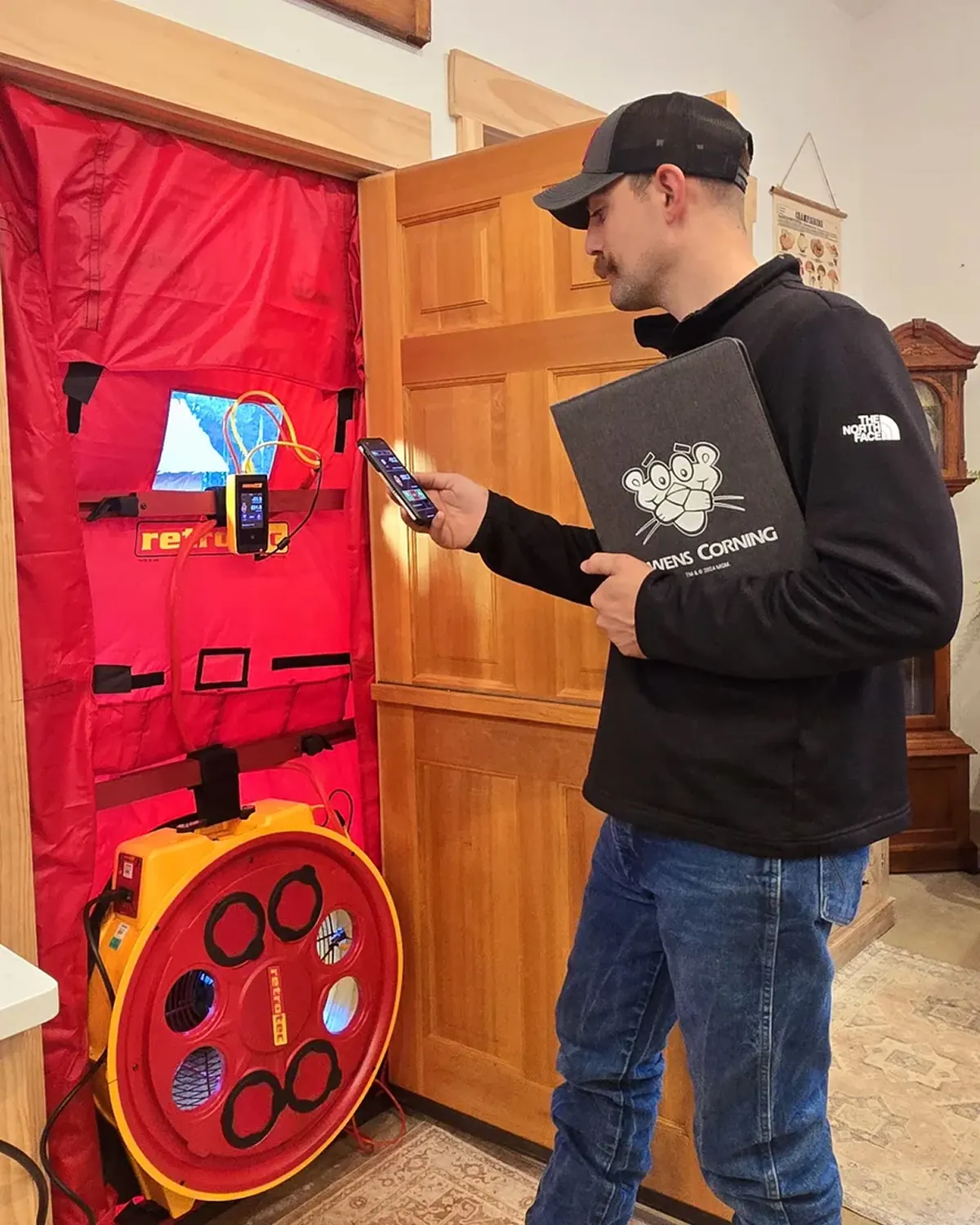 Building Diagnostics and Insulation Specialist performing a blower door test inside a home.