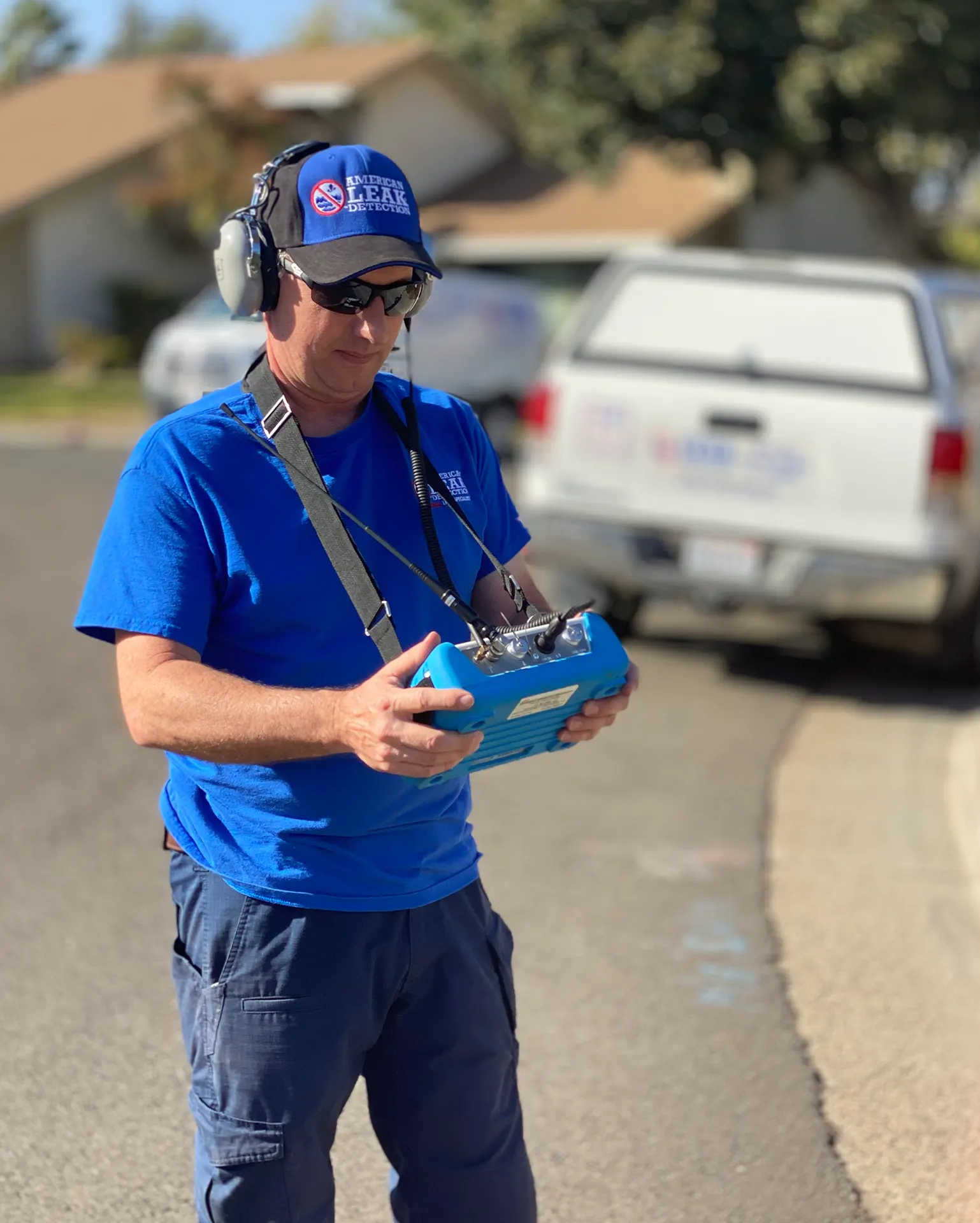 Leak detection franchise owner in the field inspecting a municipal water leak.