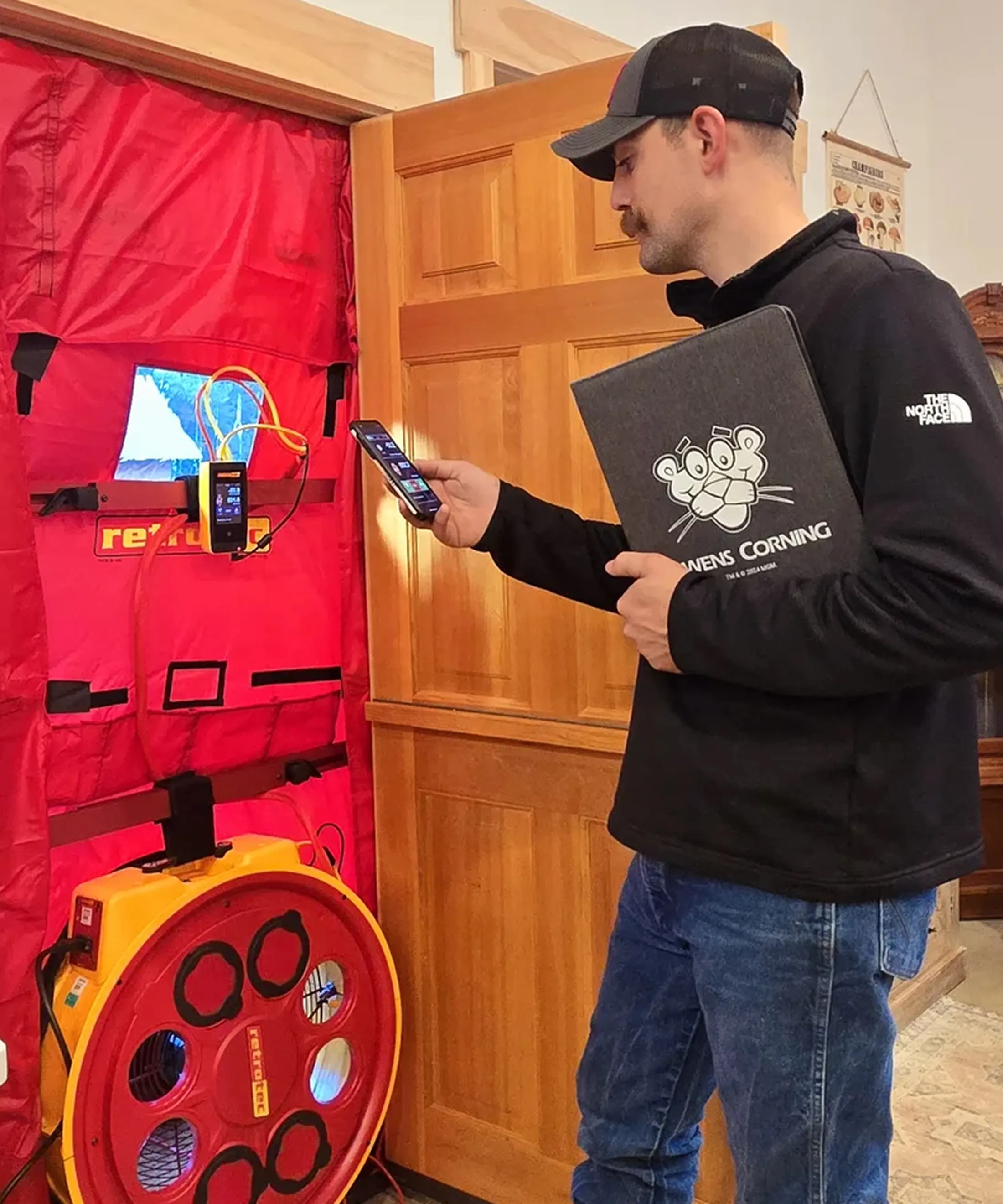 Business diagnostics and insulation specialist performing blower door test in residential property