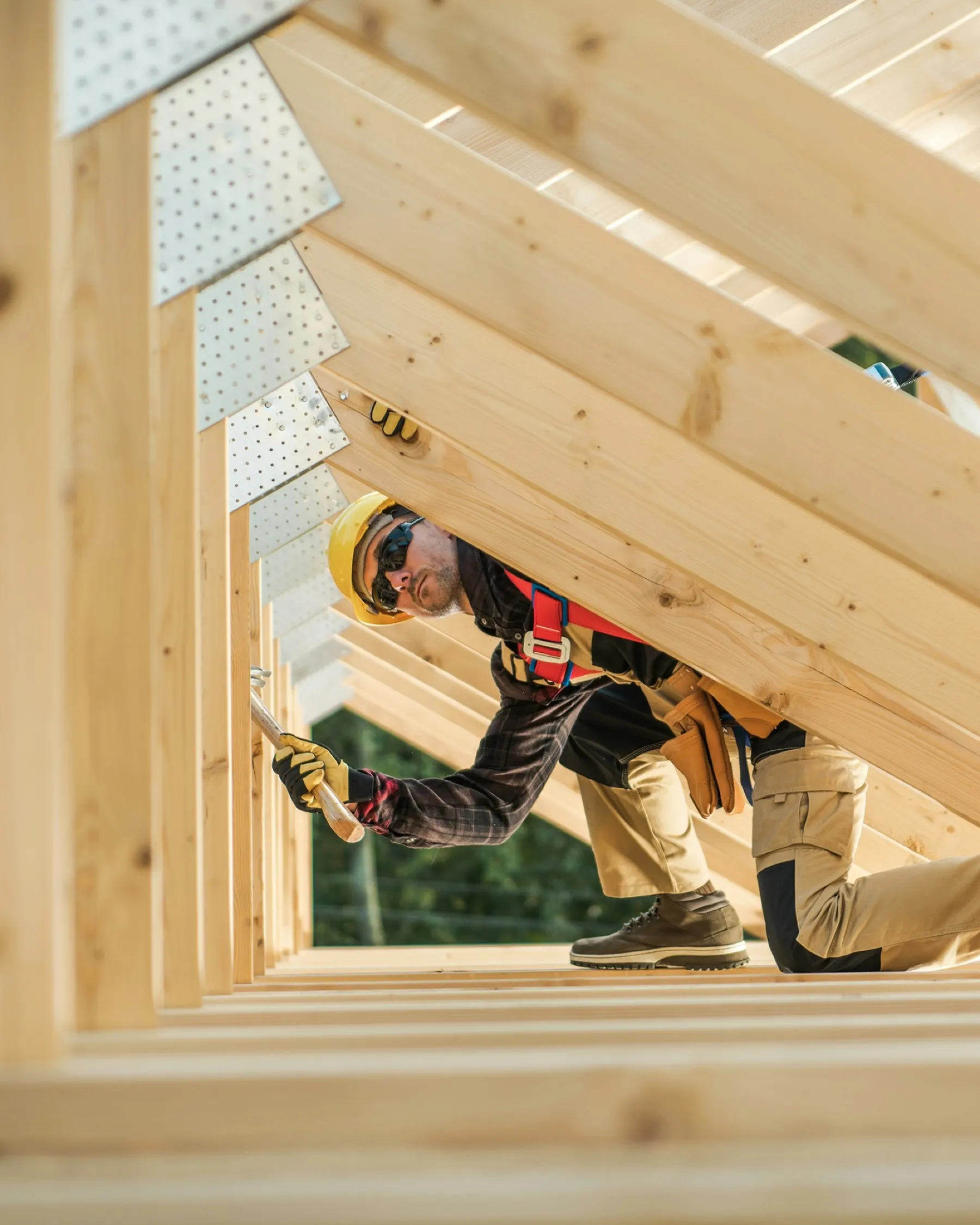 Carpenter working inside a framed roof structure