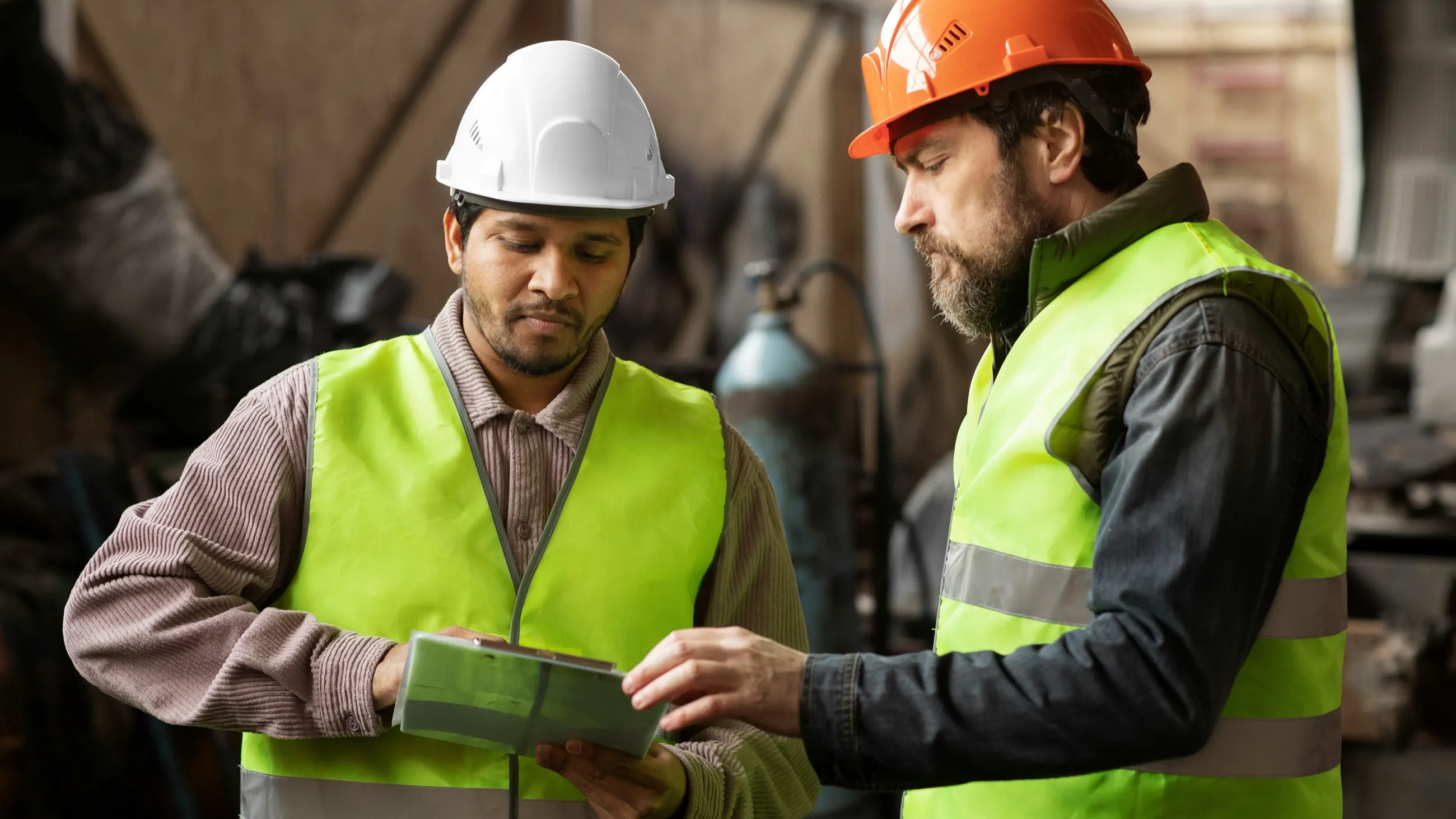 Field team reviewing materials inside a worksite