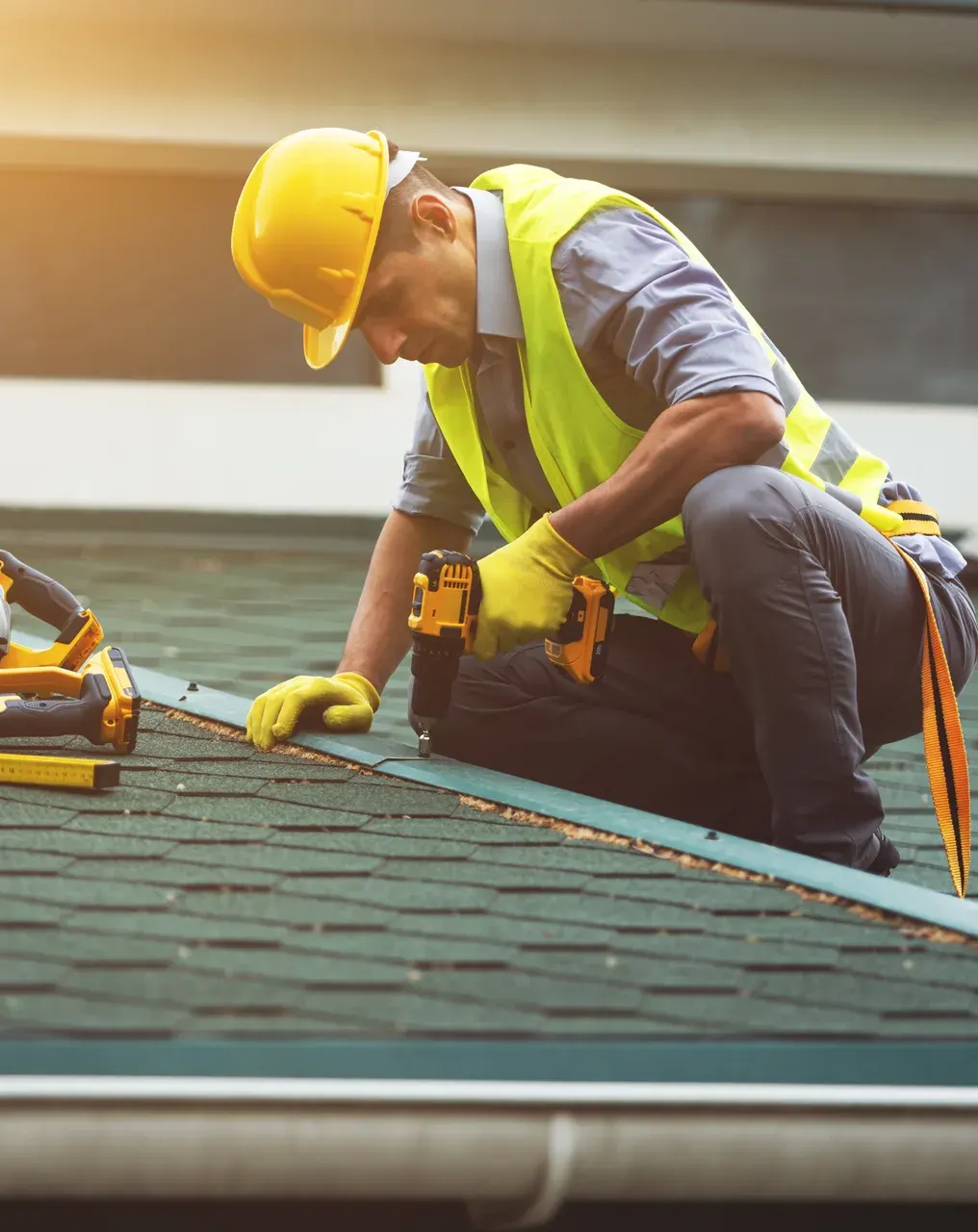 Roofing contractor installing asphalt shingles on a residential roof.