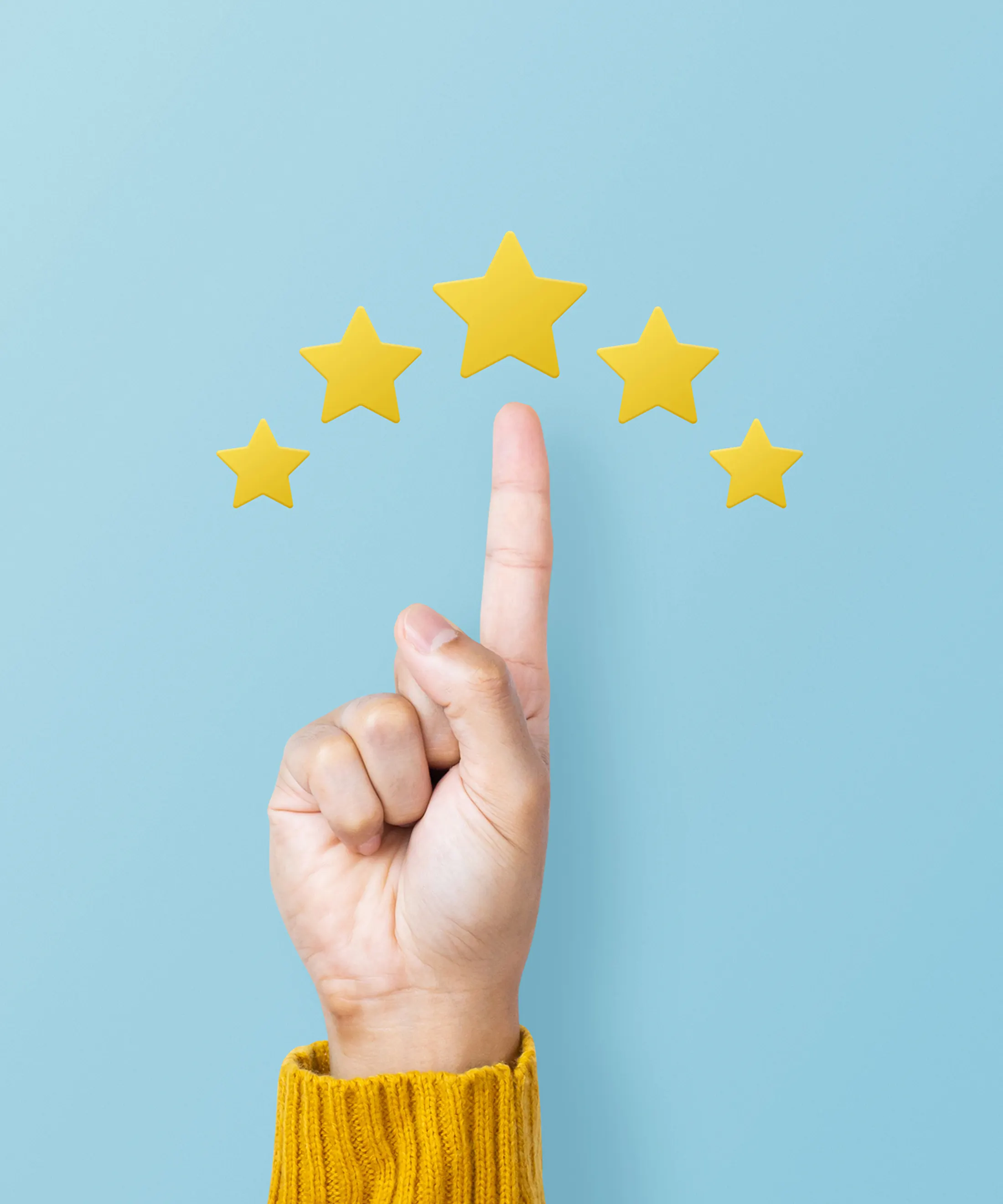 A hand pointing up at a row of five gold review stars.